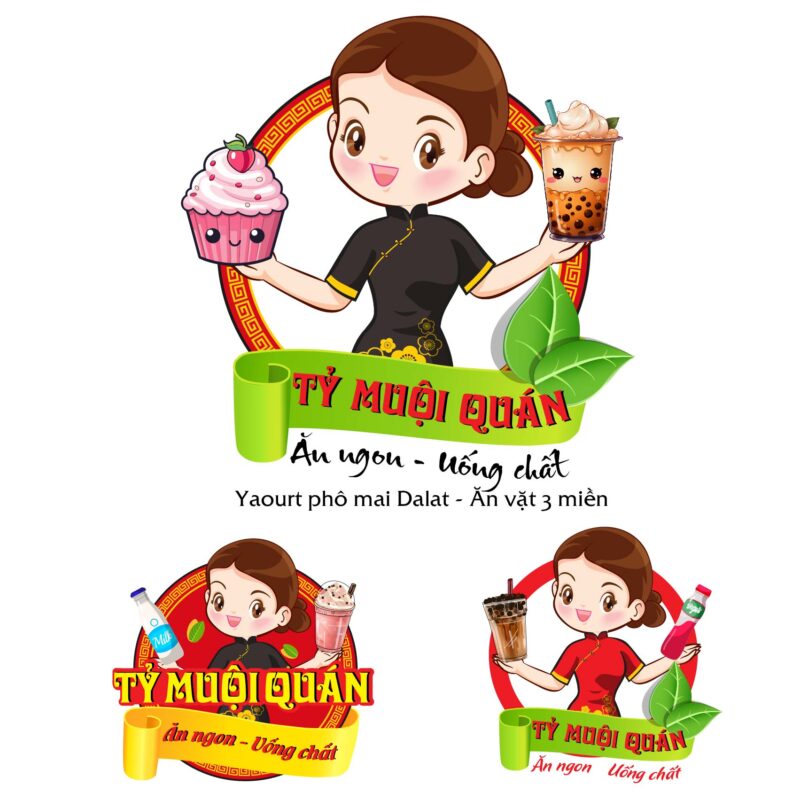 Logo chibi quán trà sữa, bánh cake